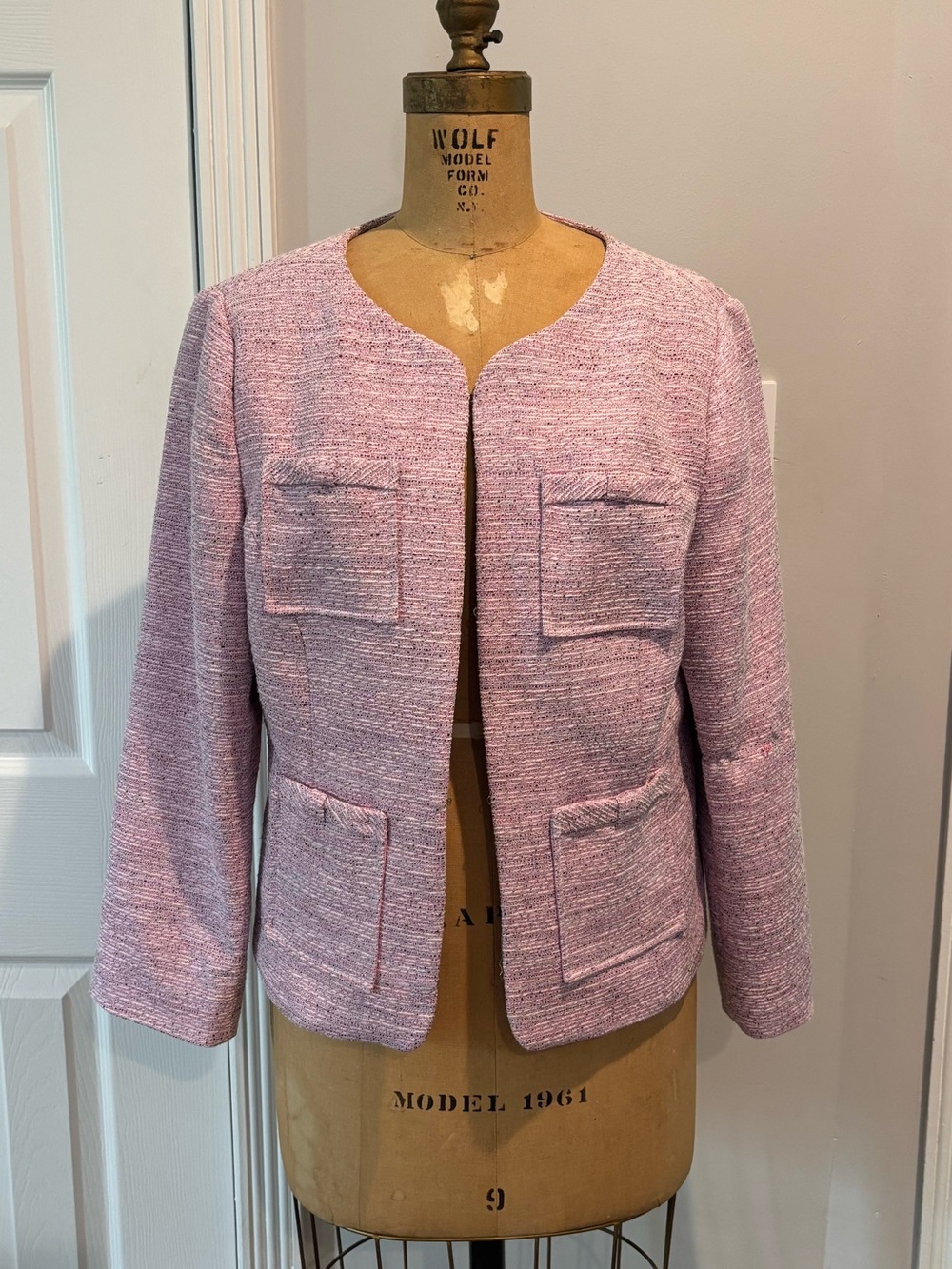 CeCe Cynthia Steffe Pink Tweed Collarless Four-Pocket Jacket Blazer